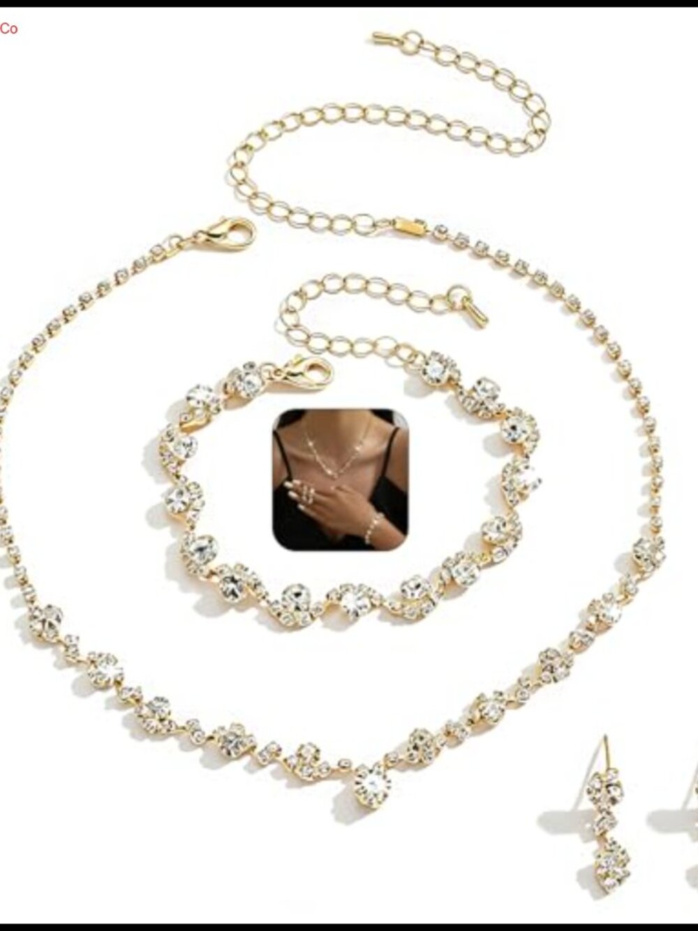 Gold Crystal Rhinestone Necklace Earrings Bracelet Jewelry Set for Prom Bridal